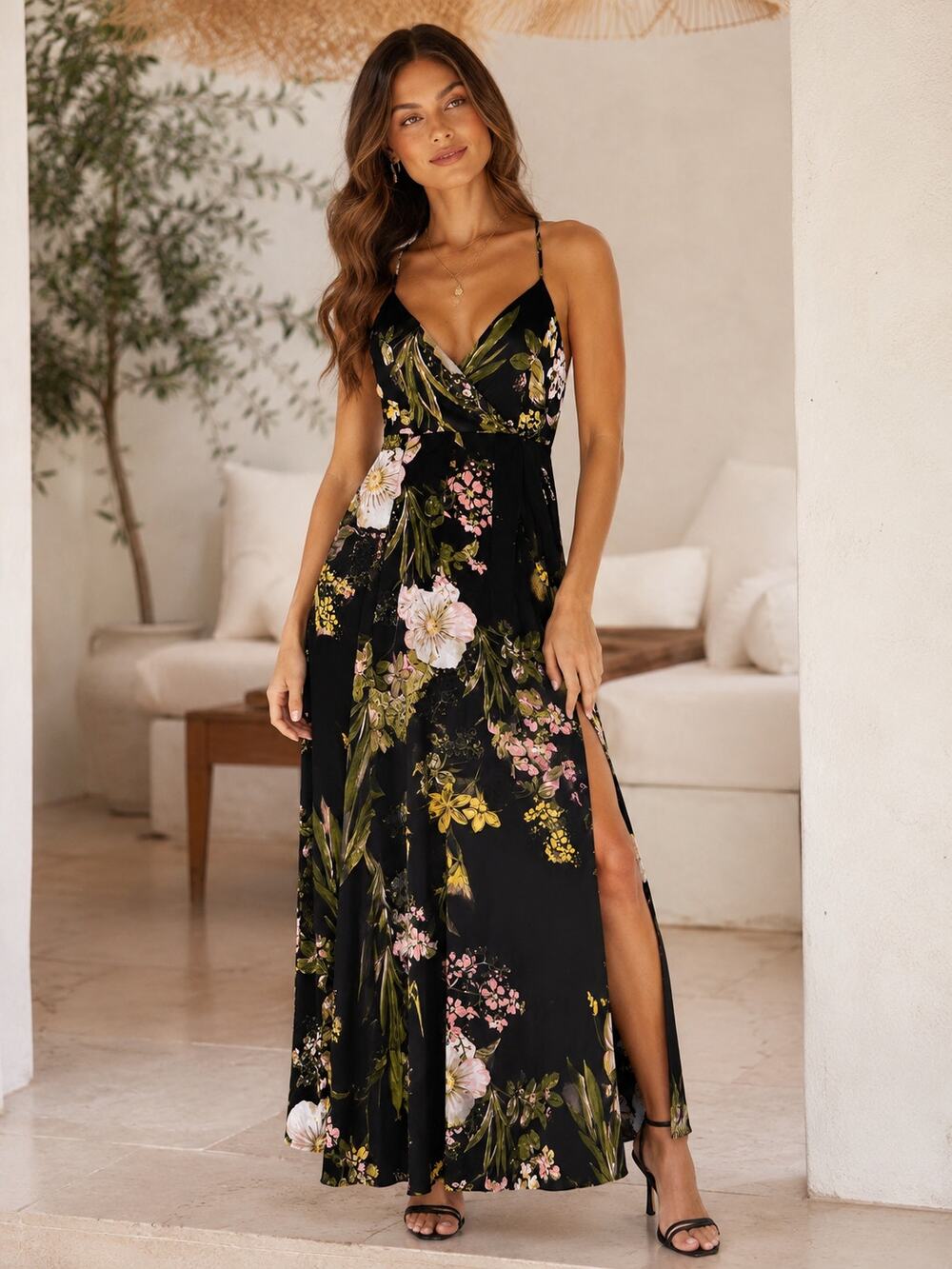 NEW Lulus Black Floral Satin Surplice V-Neck Strappy Back Maxi Dress, Large